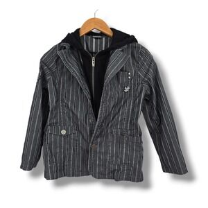 Michiko London Junior Pinstripe Hooded Blazer Gray Black Layered Jacket Size 11
